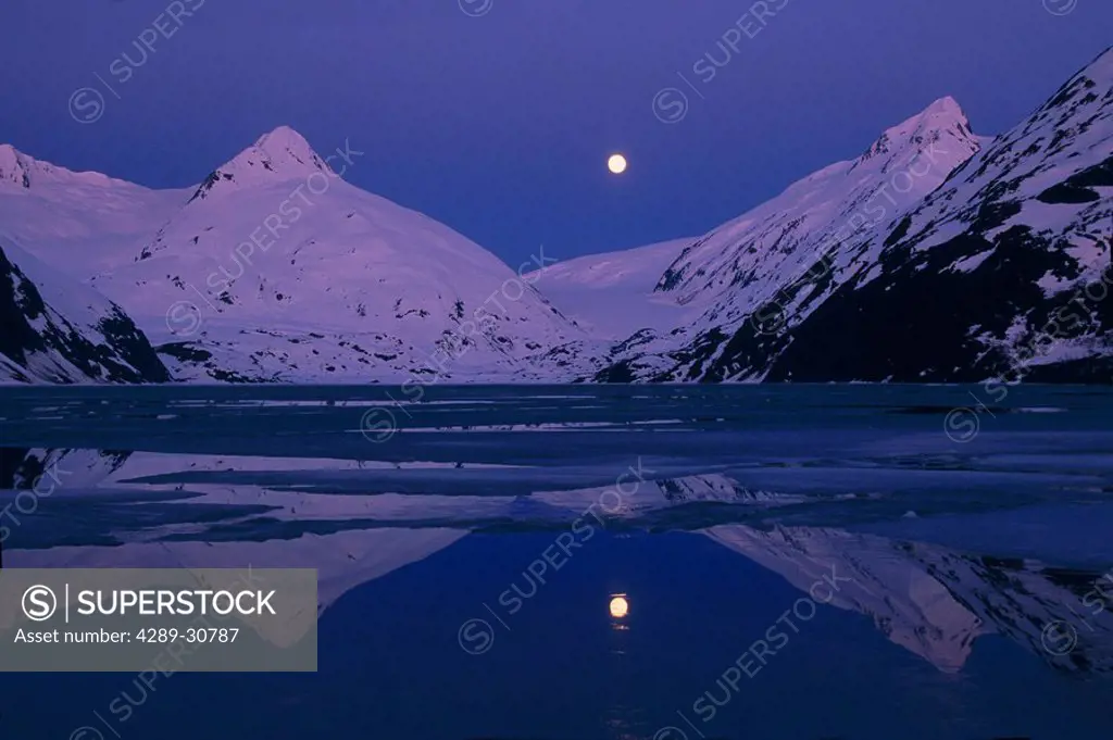 Moonrise Over Portage Lake Kenai Mtns SC AK Spring Reflection Chugach NF
