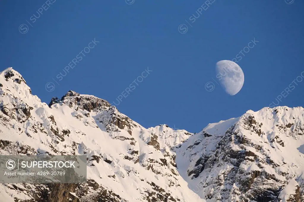 Moon over Pioneer Peak, Chugach Mountains, SC, AK