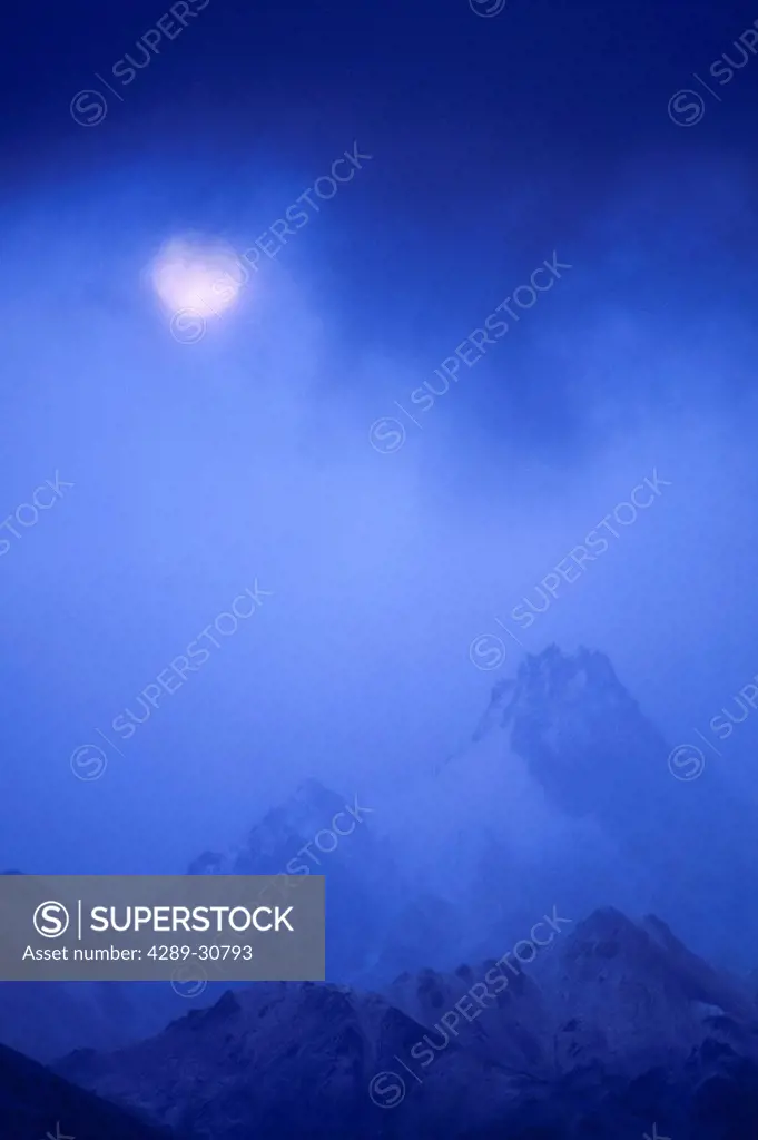 Moonrise Through Fog W/ Mountains Denali NP Int AK