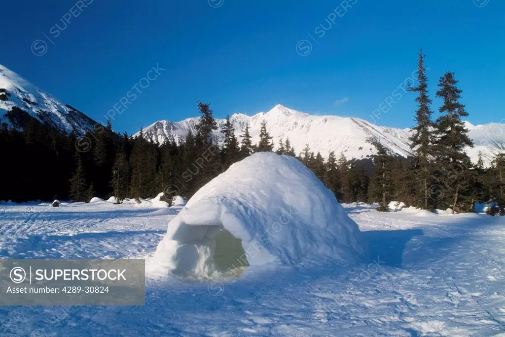 Igloo sits in Glacier Valley Girdwood Southcentral Alaska Winter