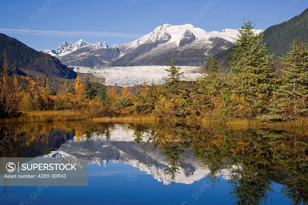 Mendenhall Glacier & Coast Mtns reflecting in pond Tongass National Forest Southeast Alaska Autumn