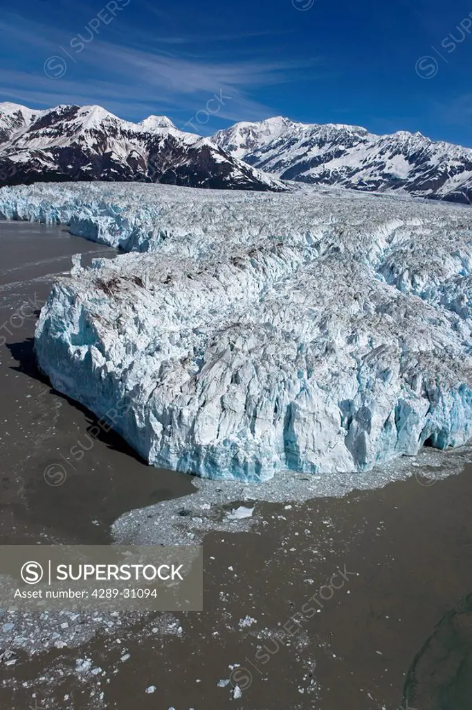 Aerial view of Hubbard Glacier with St. Elias mountain range in the background, Alaska