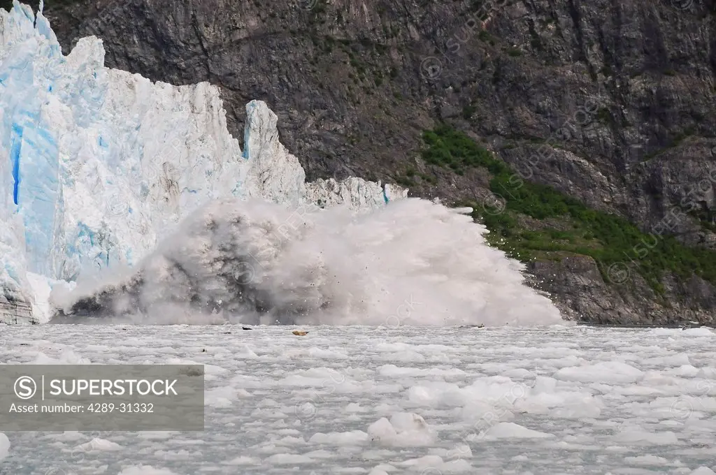 View of ice calving from Surprise Glacier in Harriman Fjord, Prince William Sound, Southcentral Alaska, Summer