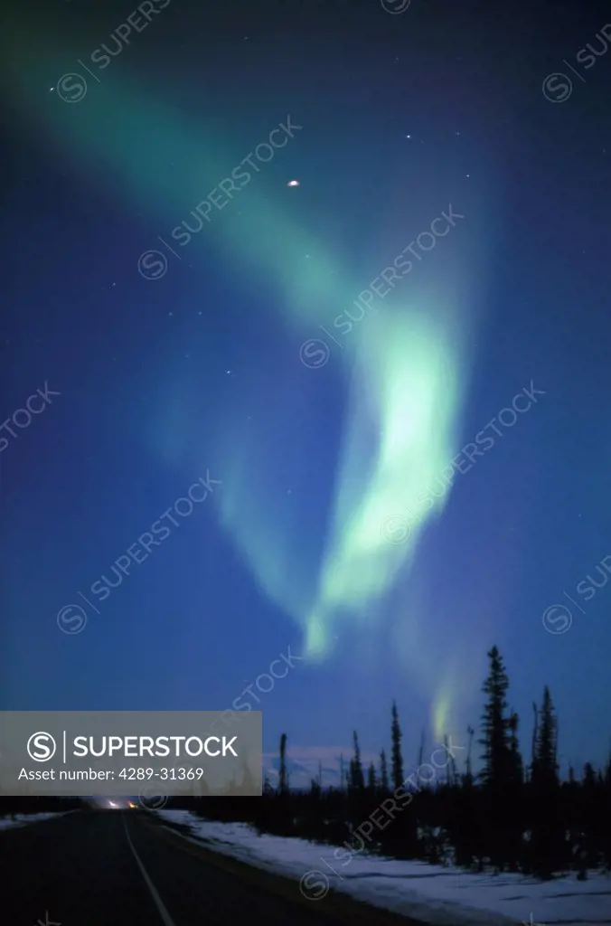 Northern Lights over Glenn Hwy Wrangell Mtns SC Alaska winter scenic