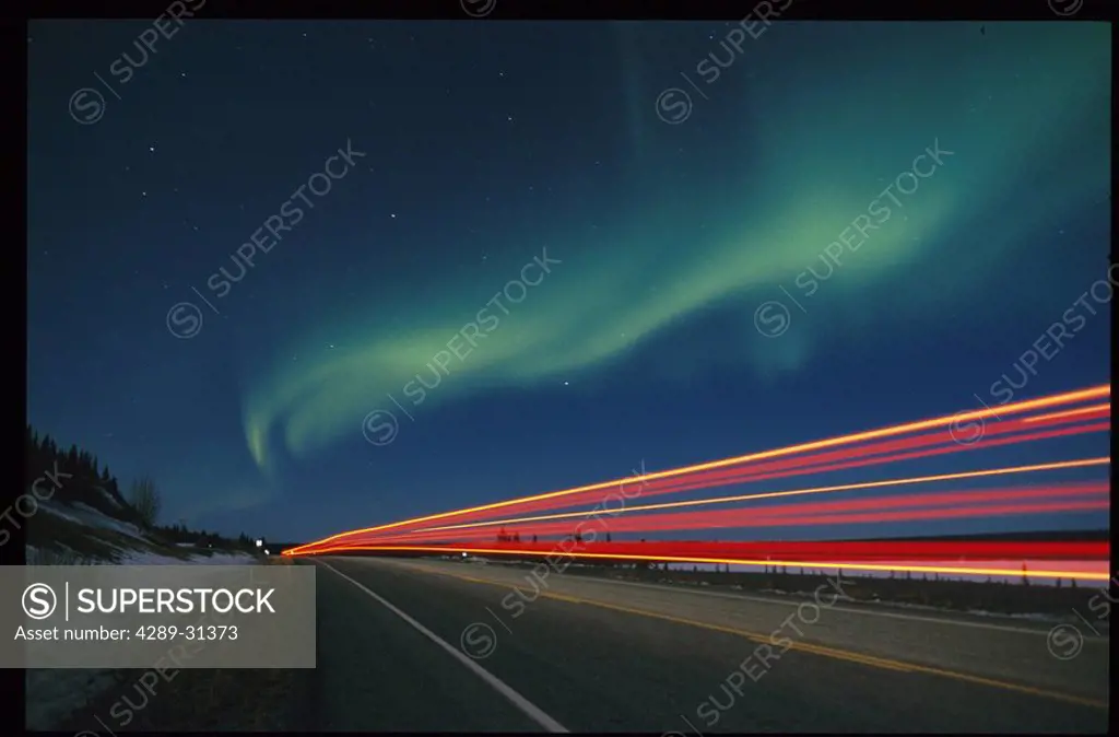 Northern Lights Richardson Hwy taillights SC Alaska spring scenic