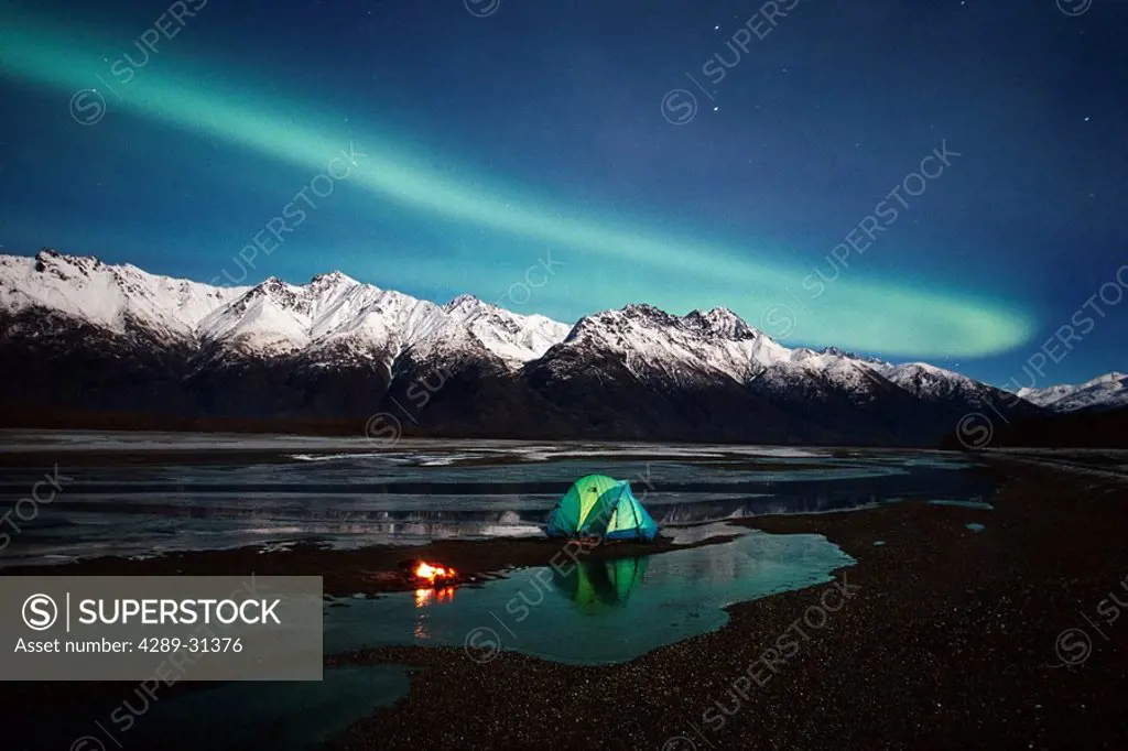 Aurora Over Chugach Mts W/ Campfire & Tent SC Alaska