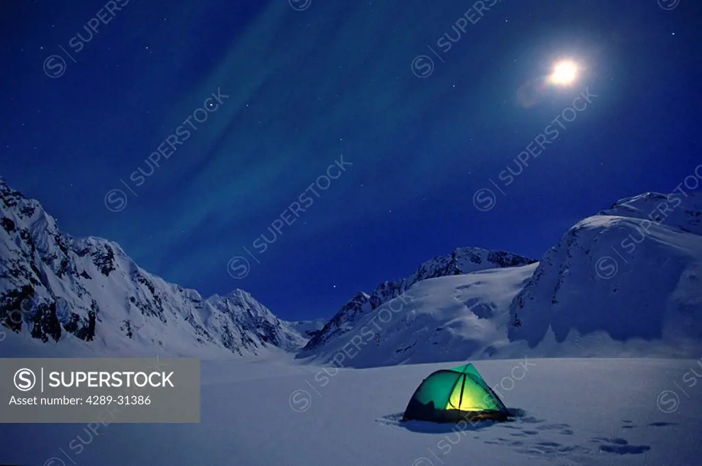 Aurora Over Lit Tent & Skookum Glacier KP Alaska