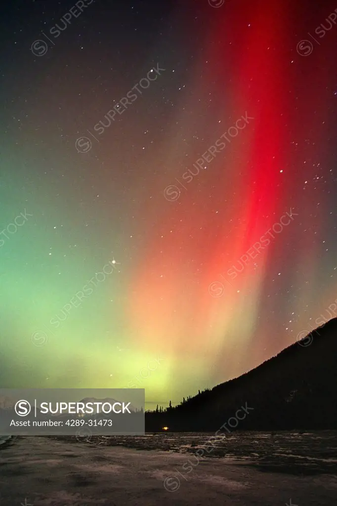 Red Aurora Over Knik River & Chugach Mountains Alaska