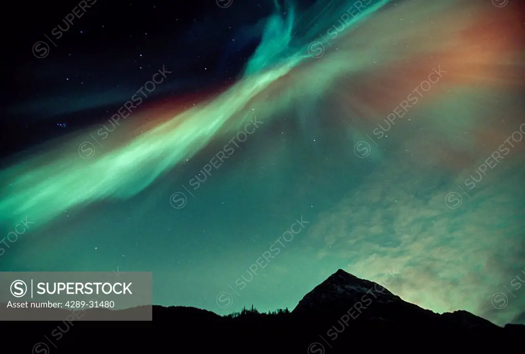 Red & Green Aurora Over Pioneer Peak SC Alaska