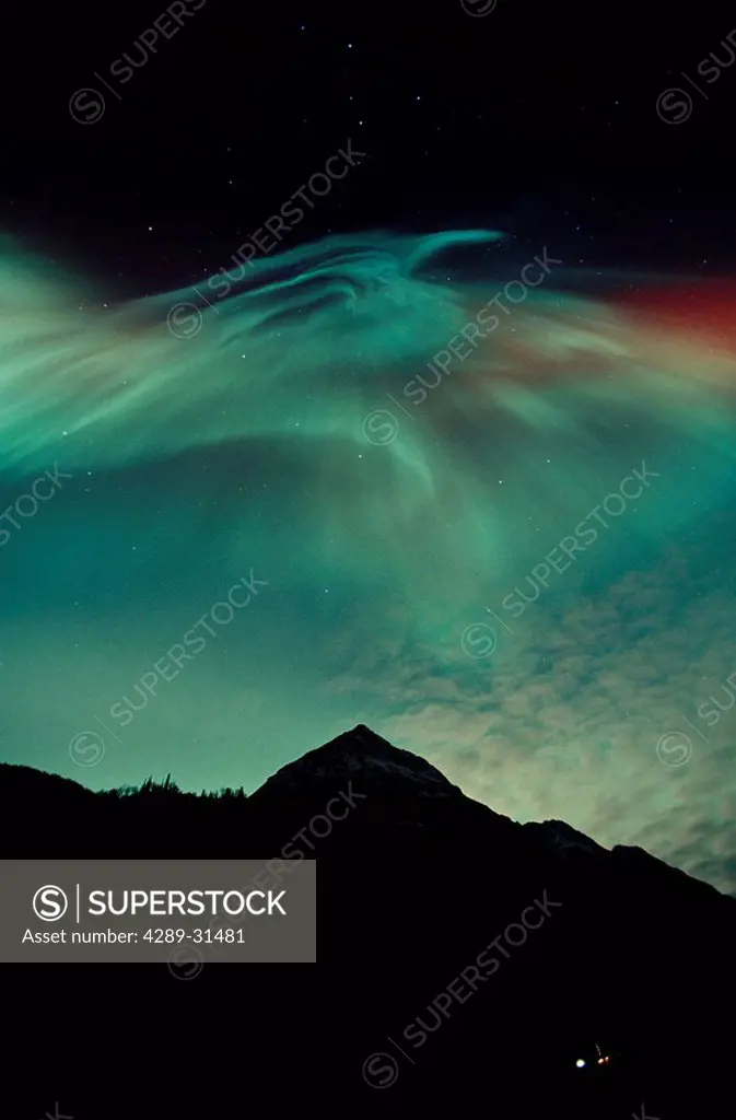 Red & Green Aurora Over Pioneer Peak SC Alaska