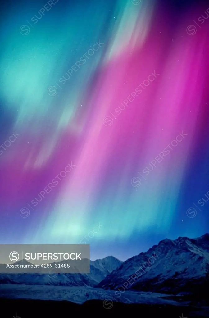 Red Pink & Green Aurora Over Matanuska Glacier SC Alaska