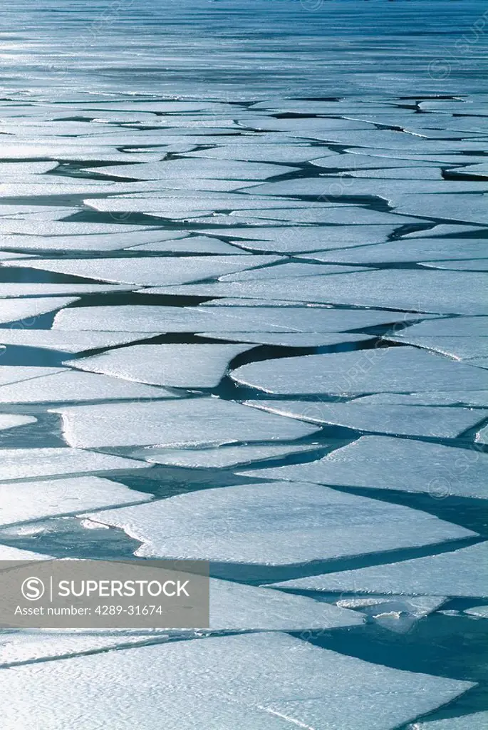 Winter ice layer on Portage Lake breaking up w/spring thaw Southcentral Alaska Portage Valley