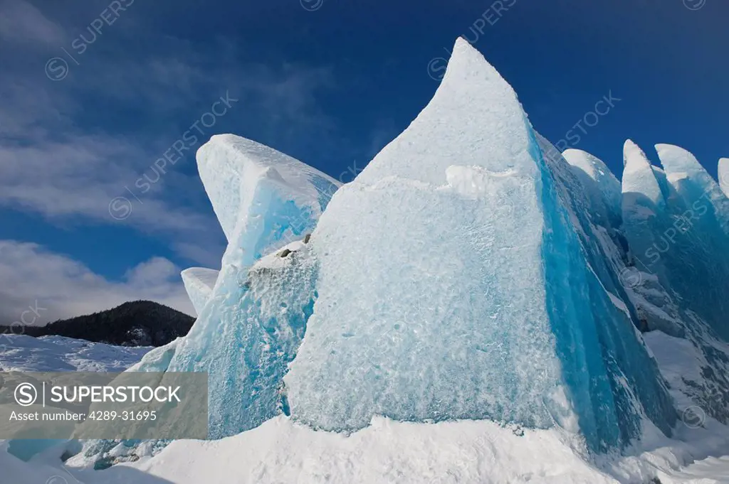 Poised before their eventual calving into the lake below, seracs at the face of Mendenhall Glacier tower over the frozen surface of the Lake at its te...