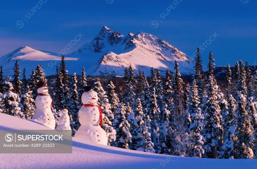 Snowman Family on Hillside Chugach SP SC AK Winter Chugach Mts