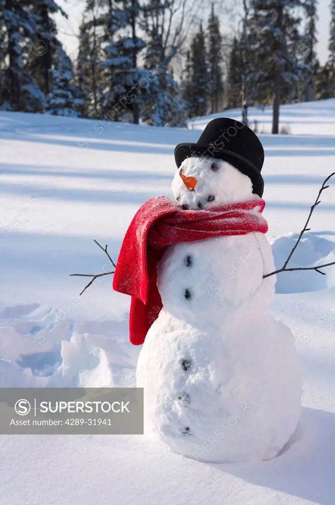 Snowman wearing santa hat in snowy meadow w/imprint from snow angel forest in background Alaska Winter