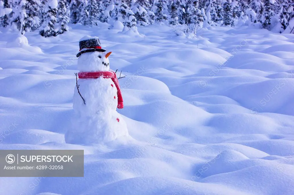 A snowman standing in snow covered tundra at sunset, spruce forest in the background, winter, Anchorage, Alaska