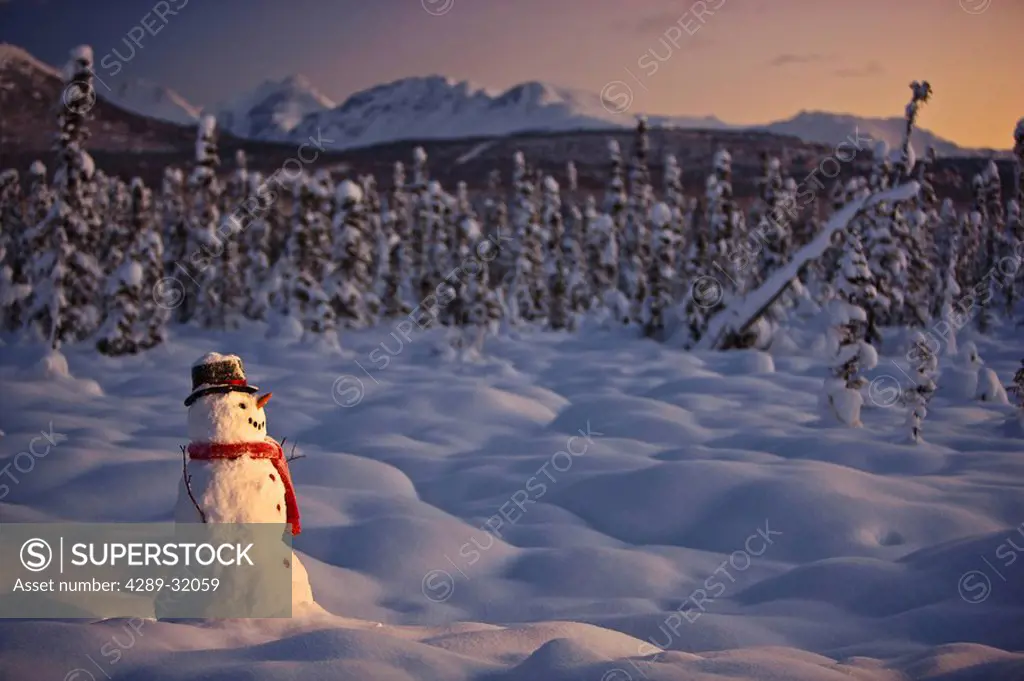 A snowman standing in snow covered tundra at sunset, spruce forest in the background, winter, Anchorage, Alaska