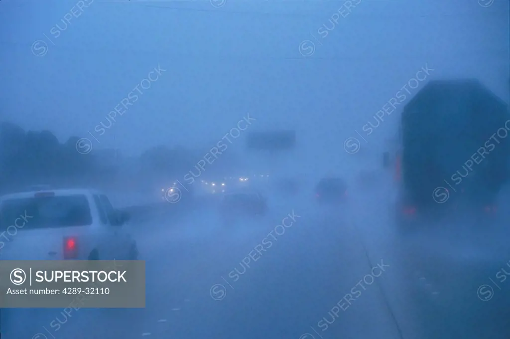 Hazard road conditions Heavy rain & fog Freeway CA