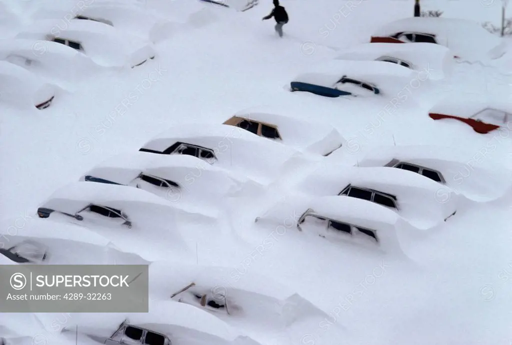 Pedestrian Walking Automobiles Burried in Snow