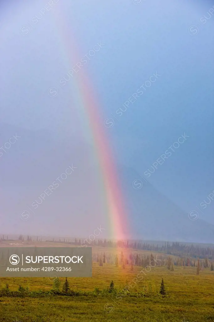 Rainbow over Broad Pass and tundra with rain clouds obscuring the mountains in the distance, Southcentral Alaska