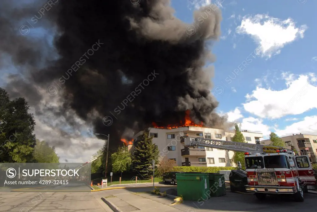 Anchorage Fire Department Station Five responds to a massive fire in the North Building of the Park Place Condominiums in Downtown, Anchorage, Southce...