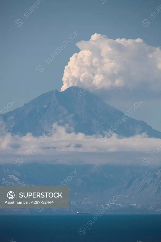 Ash cloud from a minor eruption of Mt. Redoubt as seen from the Kenai Peninsula coastline in Southcentral Alaska