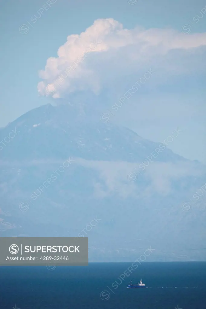Ash cloud from a minor eruption of Mt. Redoubt as seen from the Kenai Peninsula coastline in Southcentral Alaska