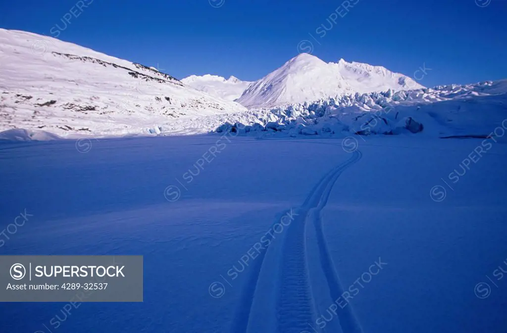 Snowmachine Tracks in Snow on Spencer Lake KP Alaska