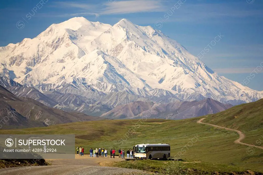 Visitors off ARAMARK tour bus @ Stony Hill view Mt.McKinley Alaska Range Denali National Park Alaska