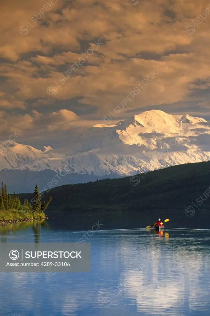 Kayaker on Wonder Lake w/Mt McKinley Denali NP IN AK Summer
