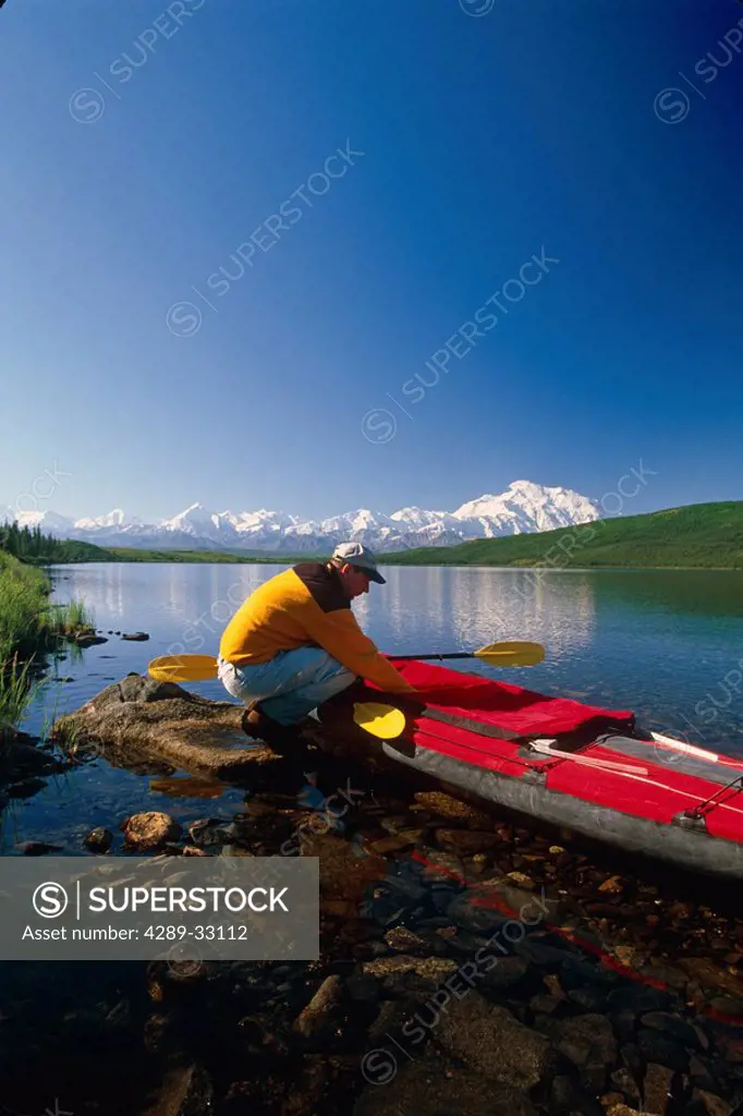 Man w/w/o Kayak @ Shoreline of Wonder Lake Denali NP AK IN Summer Views Scenery