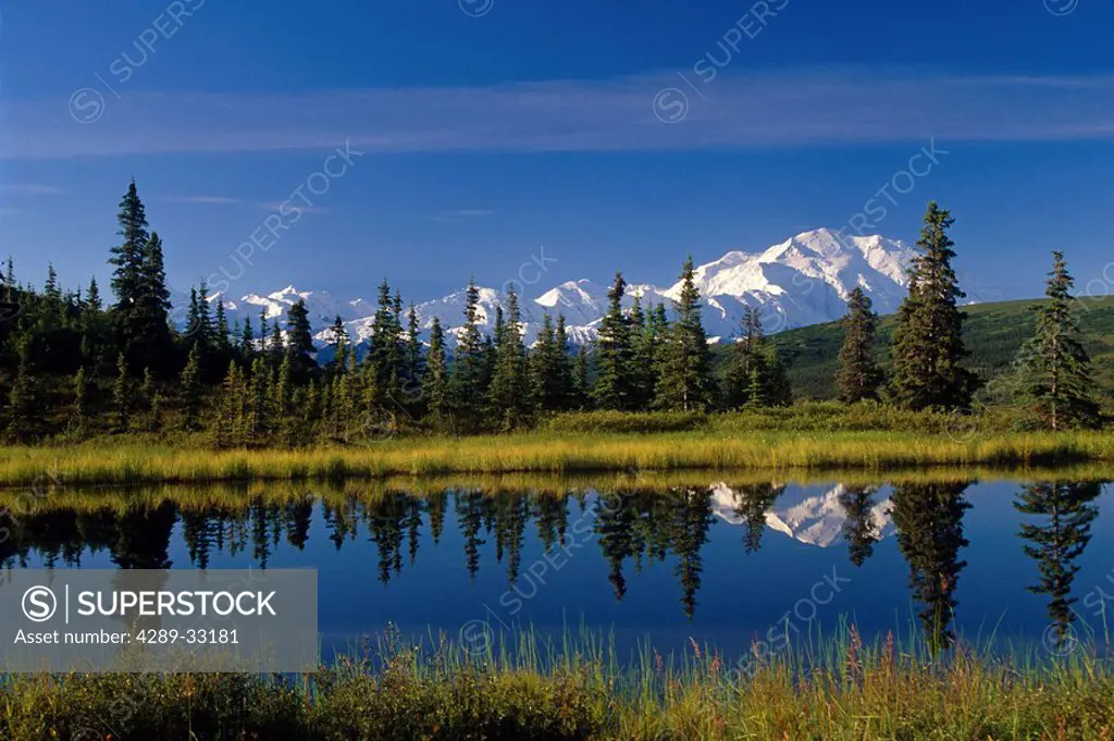 Mt McKinley reflecting in Nugget Pond Denali National Park Interior Alaska Summer