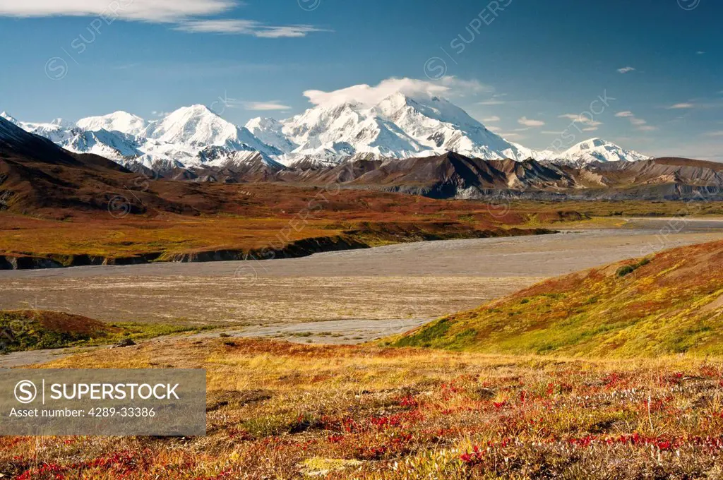 View of Mt. McKinley and colorful Autumn tundra from the Eielson Visitor Center in Denali National Park and Preserve, Interior Alaska, Fall