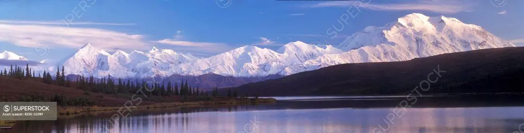 Panoramic view of evening light on the north side of Mt. McKinley and Wonder Lake, Denali National Park and Preserve, Interior Alaska, Fall