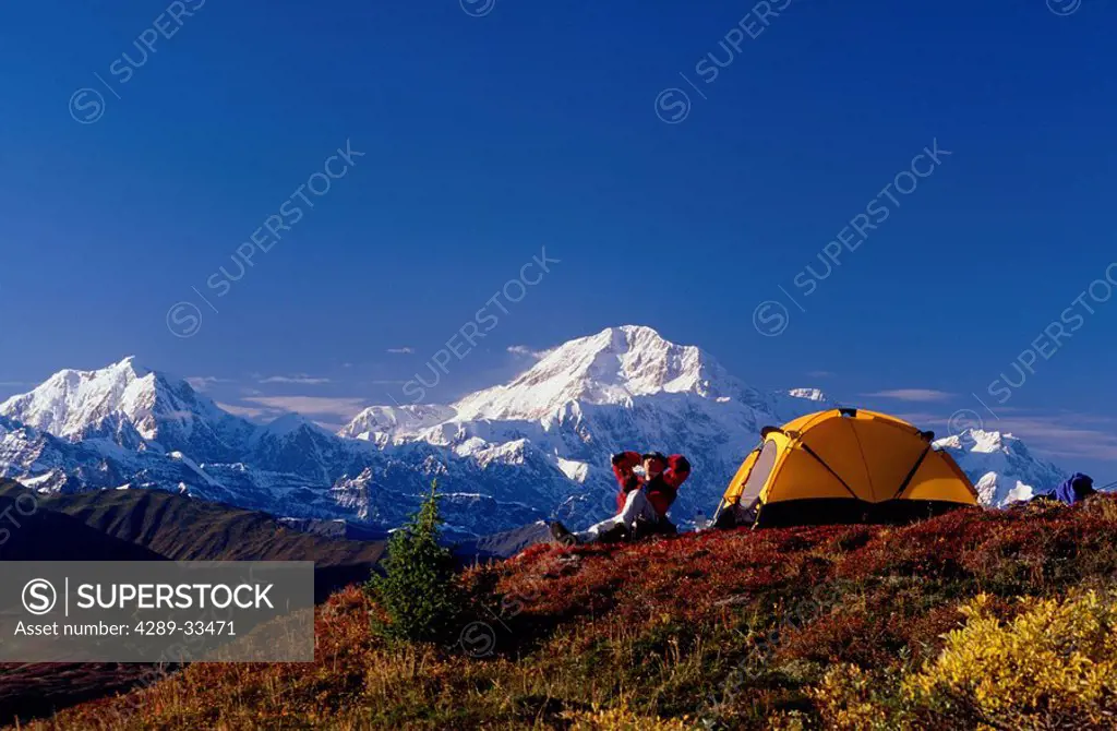 Man Camping & Viewing Mt Mckinley Near Pond IN Alaska