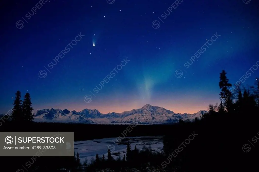 Mt McKinley Sunrise W/ Comet Northern Lights Interior AK Denali NP Early Spring
