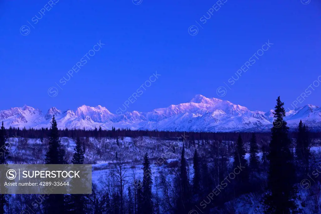 View of Mt. McKinley at twilight in Denali State Park, Southcentral Alaska, Winter