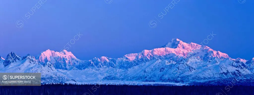 Panoramic view of sunrise over Mt. McKinley and the Alaska Range, Denali State Park, Southcentral Alaska, Winter