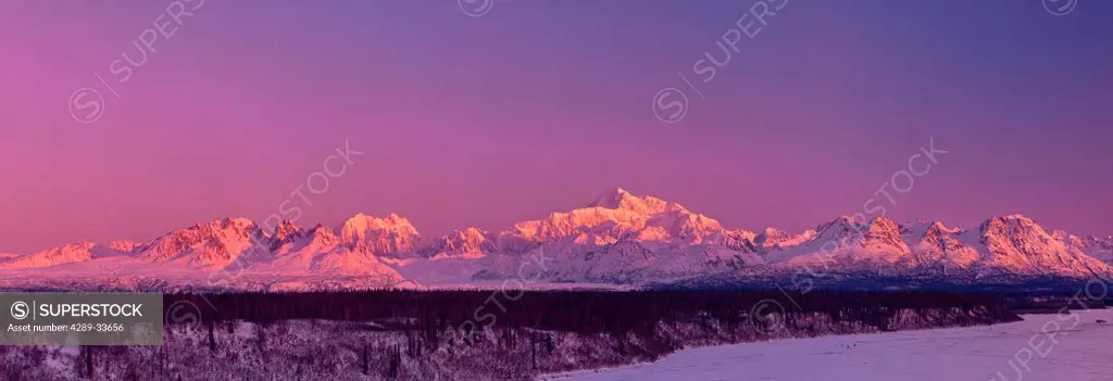Panoramic view of sunrise over Mt. McKinley and the Alaska Range, Denali State Park, Southcentral Alaska, Winter