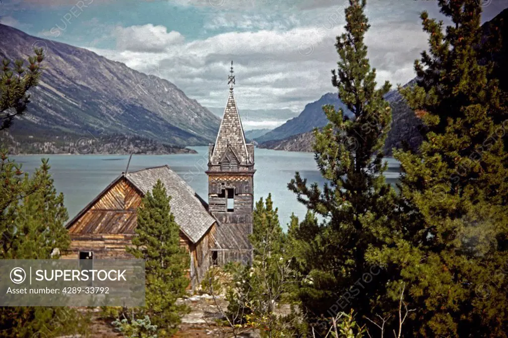St.Andrews church on the shore of Lake Bennett BC Canada Historical image circa 1940_50