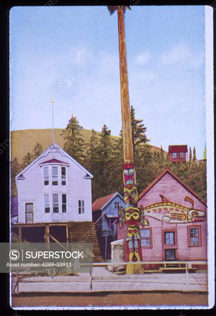 Totem Pole and House Historic Postcard Alaska