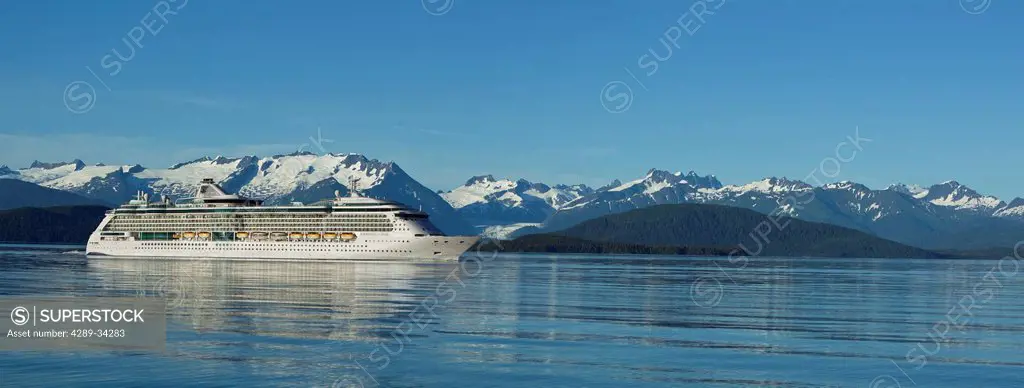 Royal Carribean Radiance of the Seas cruise ship travels through the calm waters of the Inside Passage on its way south, Lynn Canal, Inside Passage, T...