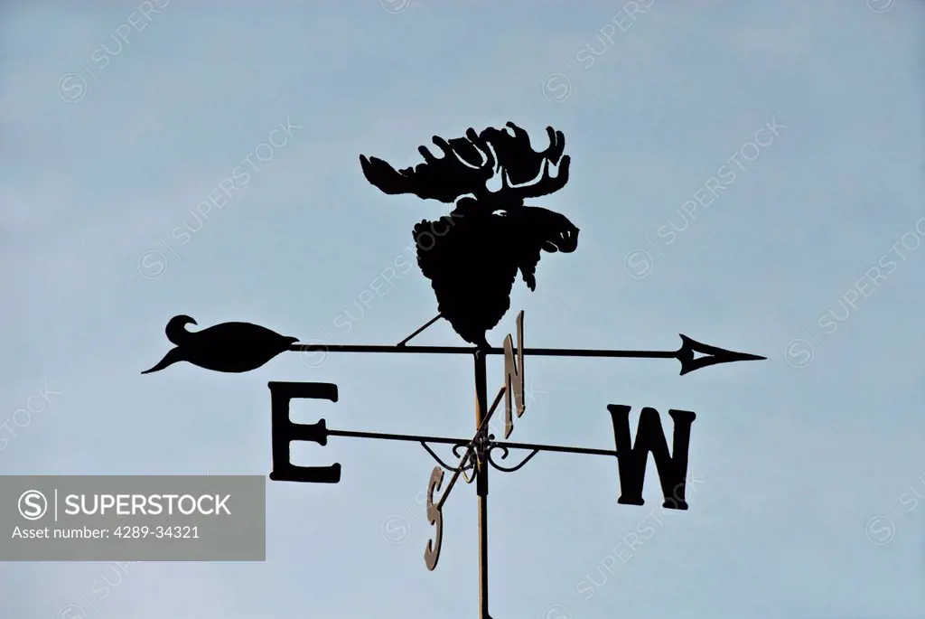 Close up of a weathervane with a moose head, Mat_Su Valley, Southcentral Alaska, Summer