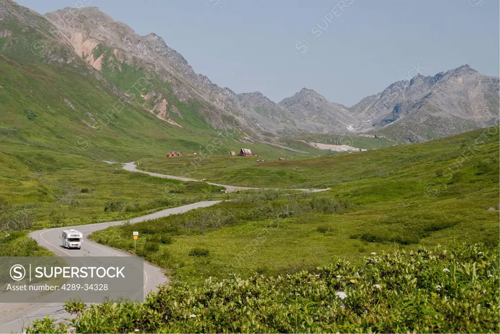 Vehicle driving down the hill from Hatcher Pass and Independence Mine area, Talkeetna Mountains, Southcentral Alaska, Summer