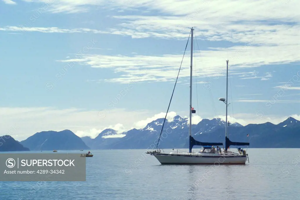 View of a sailboat on a sunny day in Resurrection Bay, Seward, Kenai Peninsula, Southcentral Alaska,Summer