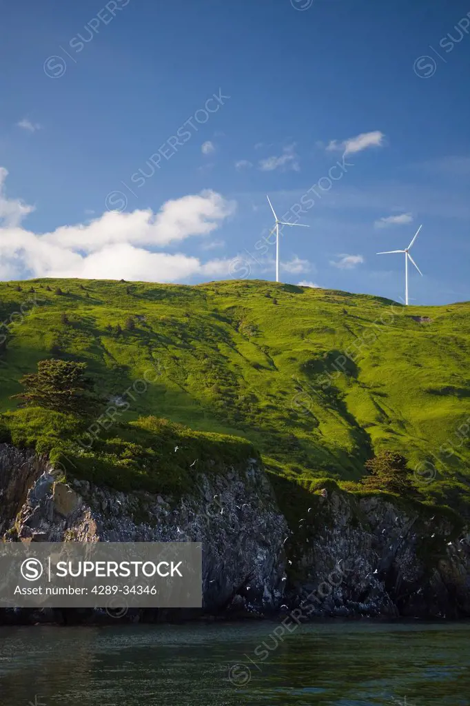 Pillar Mountain Wind Project wind turbines stand on Pillar Mountain on Kodiak Island, Southwest Alaska, Summer