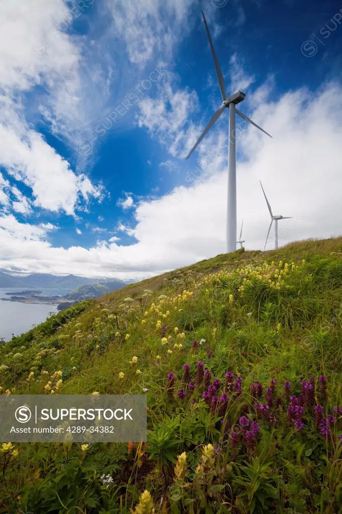 Pillar Mountain Wind Project wind turbines stand on Pillar Mountain on Kodiak Island, Southwest Alaska, Summer