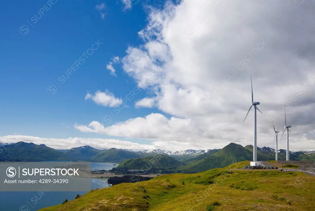 Wind turbines on Pillar Mountain for the Pillar Mountain Wind Project, operated and owned by the Kodiak Electric Association, Kodiak Island, Southwest...