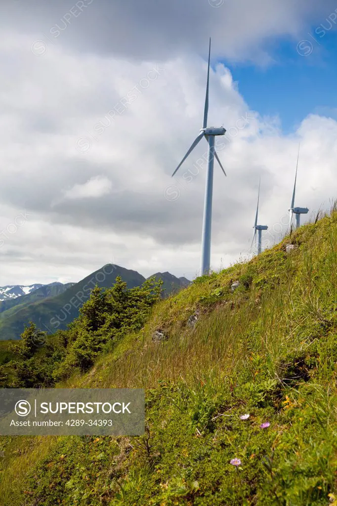 Wind turbines on Pillar Mountain for the Pillar Mountain Wind Project, operated and owned by the Kodiak Electric Association, Kodiak Island, Southwest...