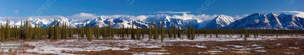 Panoramic view of the Alaska Range foothills in Broad Pass along the George Parks Highway, Southcentral Alaska, Spring